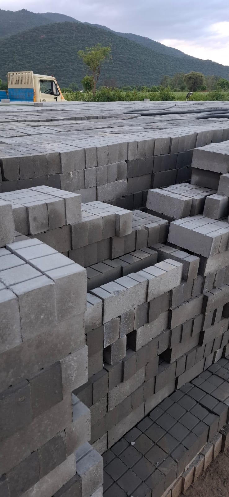 Freshly moulded TVM flyash bricks curing outdoors with the Western Ghats in the background